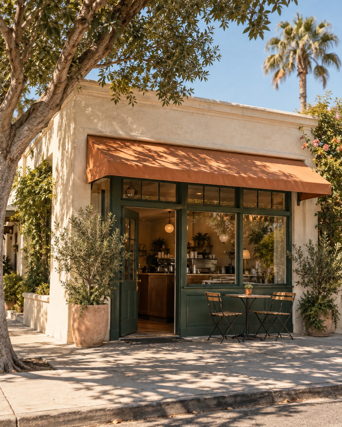 Illustration of a sunny neighborhood café with a green door and orange awning